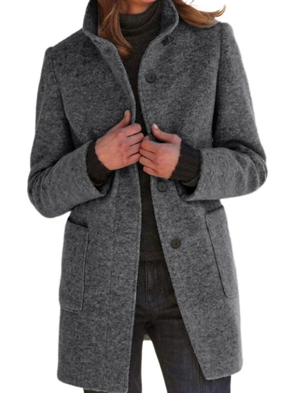 Wool Blend Long Pea Coat Grey Stand Collar Single Breasted Winter Jacket